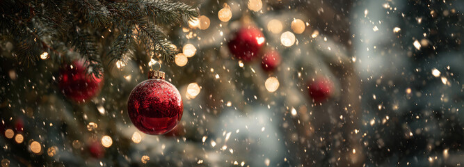 Red ornament christmas snow bokeh pine branch sparkle