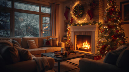 Cozy Christmas Living Room with Fireplace and Decorated Tree Holiday Home Decor