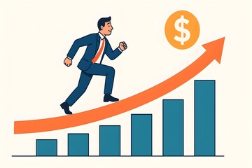 Man climbs blue charts and orange arrow toward dollar in a flat, graphic style. Useful for posters, presentations, or digital marketing.