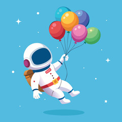 Cute cartoon astronaut character floating in outer space, holding a colorful bunch of balloons, vector illustration