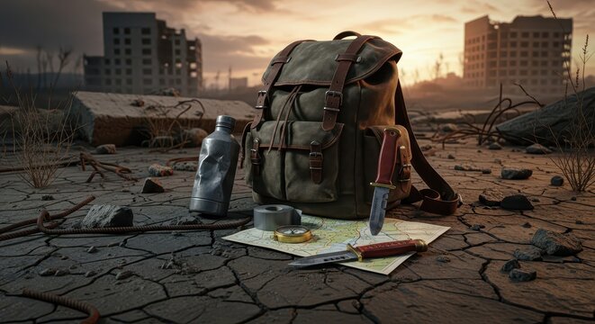 Essential survival gear rests on dry cracked earth before ruined city structures at sunset - Powered by Adobe