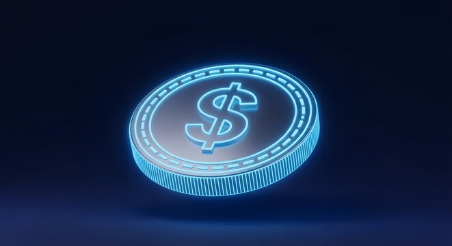 Glowing digital dollar metal coin with futuristic blue neon effect floating on dark background