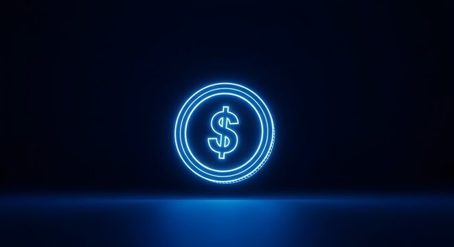 Modern dollar currency symbol design neon blue round with money logo symbolizing financial technology and digital economic innovation