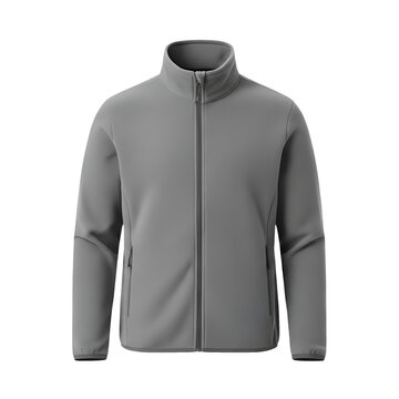 Grey Winter Fleece Jacket, Isolated Front View on Transparent Background