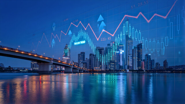 Futuristic financial technology concept with glowing stock market charts superimposed on a modern city skyline at night