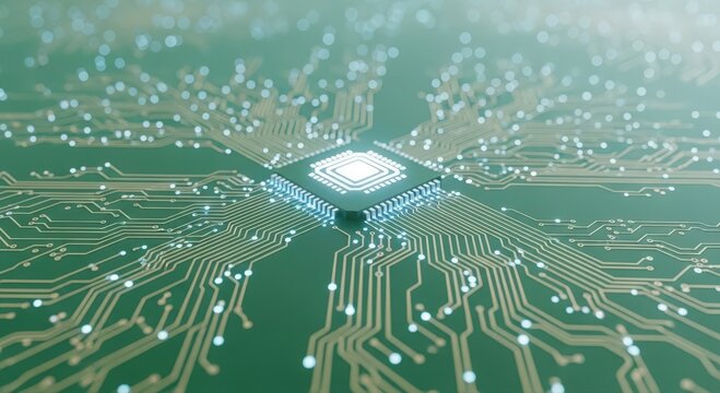 printed circuit design, complex circuit board featuring central processor and intricate wiring pathways