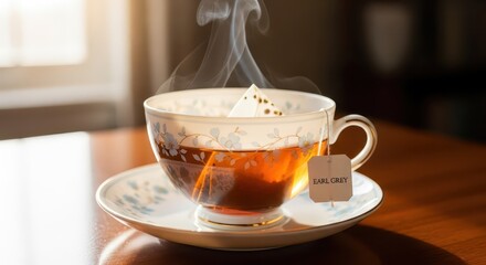 Steaming hot beverage with a tag steeping inside an ornate teacup set upon a wooden surface