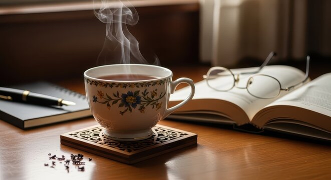 Steaming cup of hot beverage rests near reading materials on a warm wooden surface
