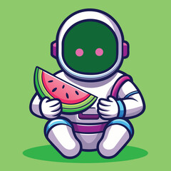 Cute astronaut cartoon character sitting and holding a slice of fresh watermelon, enjoying a summer snack in space