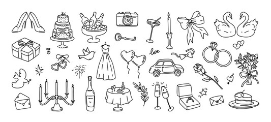 Fototapeta premium Wedding doodle for love and celebration, bachelorette event or romance. Hand drawn heart, ring, cake, and dress with champagne and bouquet for party. Vector set for invitation card and bridal sketch