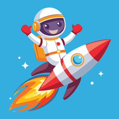 Happy cartoon astronaut flying on a rocket through space, celebrating a successful launch and cosmic adventure