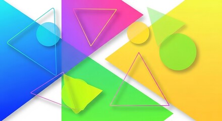 Conceptual abstract background with vibrant geometric shapes, triangles and circles, featuring colorful gradient overlays, dynamic and modern.