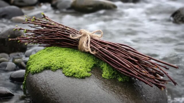 A bundle of slender, dark brown twigs, tied with twine, sits atop moss-covered rock near flowing water