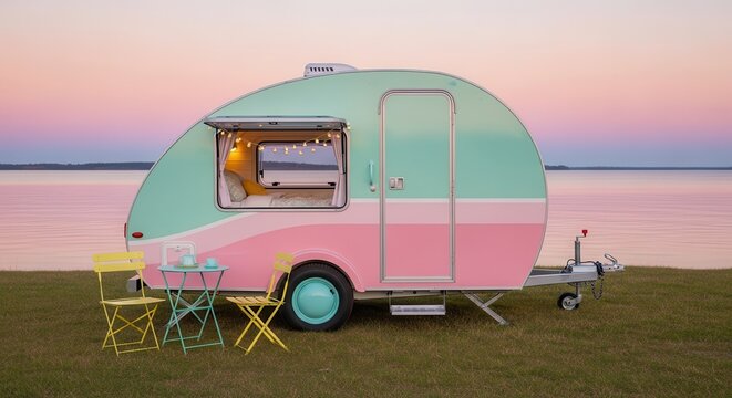 Small rounded recreational trailer painted in pastel colors sits by the water at twilight