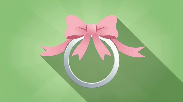 Pink bow on silver ring flat icon with long shadow on a green background