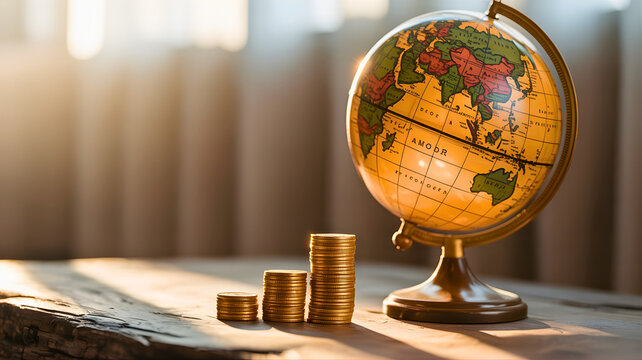 Global Wealth Accumulation A Globe and Growing Stacks of Coins