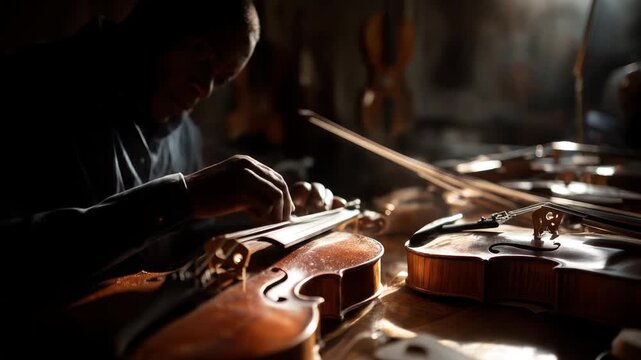 A person works on violins in a workshop, with other violins out of focus in the background