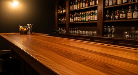 Warmly lit wooden bar counter with shelves of liquor bottles and glassware in a dimly lit establishment