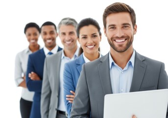 Diverse group of smiling professionals in business attire with a laptop