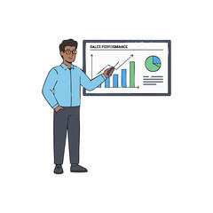 Fototapeta premium Professional businessman presenting sales performance data with insightful charts on a whiteboard, highlighting growth strategies and financial analysis in a meeting