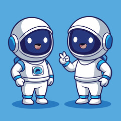 Two cute cartoon astronaut characters standing together, one making a peace sign, symbolizing friendship and exploration