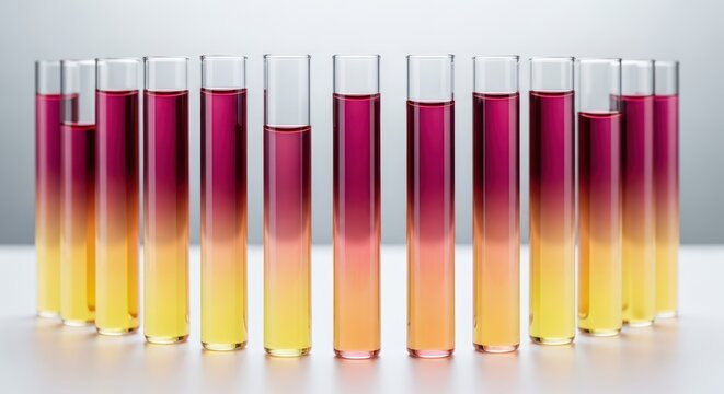 Gradient test tubes with red to yellow liquid in scientific laboratory setup