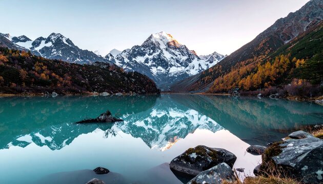 A serene mountain landscape featuring a vibrant turquoise lake perfectly reflecting snow-capped peaks and colorful autumn foliage.
