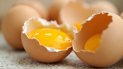 Closeup view of cracked brown eggs with bright yellow yolks, ready for cooking or baking, symbolizing fresh ingredients and culinary preparation