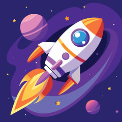 Cartoon rocket flying through deep space with planets and stars, illustrating cosmic exploration and adventure