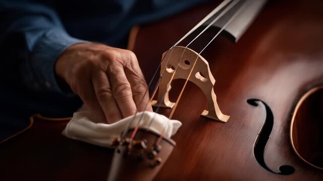 A person cleaning a cello, with hand close to the bridge, holding a cloth and cleaning strings