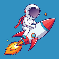 Adorable cartoon astronaut riding a red and white rocket through the vast expanse of outer space