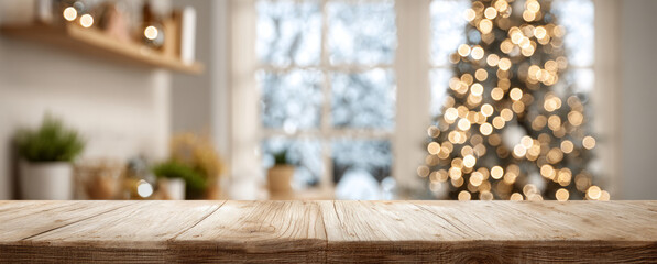 Warm cozy holiday wooden table blurred background bokeh lights