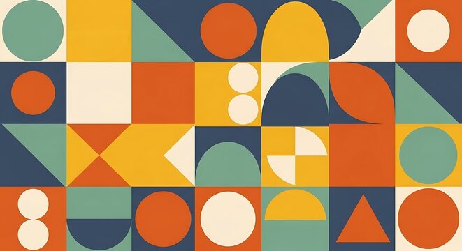 An abstract geometric pattern with retro color palette, creating a visually appealing and harmonious design with squares, circles, and triangles