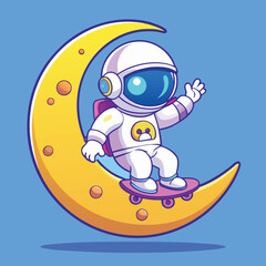 Cute astronaut character skateboarding on a crescent moon in space, a whimsical cosmic adventure illustration