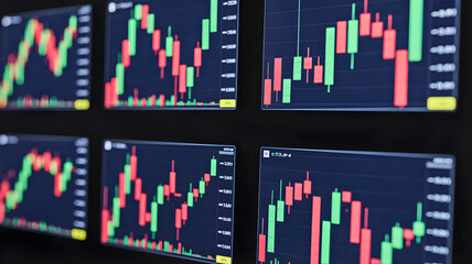 Dynamic financial market trends and real-time investment data displayed across multiple digital screens for strategic business analysis and economic forecasting