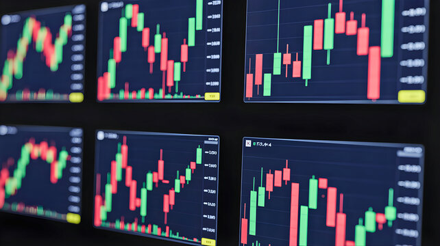 Dynamic financial market trends and real-time investment data displayed across multiple digital screens for strategic business analysis and economic forecasting
