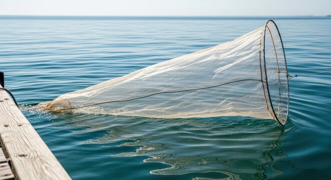 Fishing net in tranquil blue sea attached to wooden pier - Powered by Adobe