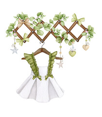 Girl's clothes hanger decorated with eucalyptus. Watercolor composition for a baby shower, birthday, children's party, or birth. Nursery interior in Scandinavian, boho, and retro styles.

