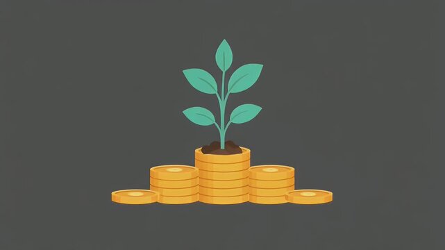 Plant growing from a stack of gold coins representing financial growth and investment success