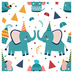 Teal Cartoon Elephants with Party Hats and Confetti in Festive Celebration Scene