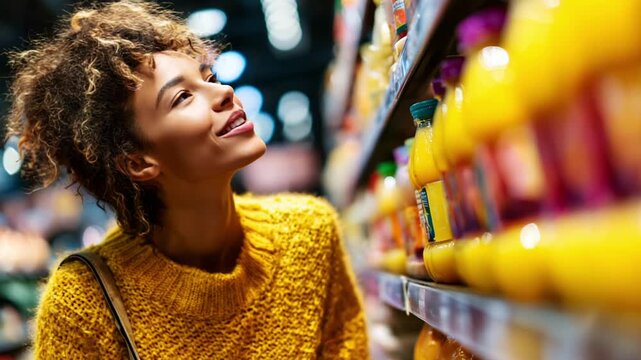 A joyful woman in a bright yellow sweater gazes at colorful shelves filled with beverages in a supermarket, capturing the essence of shopping experiences and delight.