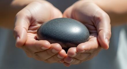 Close-up of cupped hands holding a smooth, dark grey stone, concept for wellness practice, spiritual connection and holistic therapy