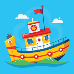 Colorful cartoon fishing boat sailing on blue ocean waves under a clear sky with clouds