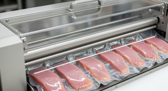 Vacuum sealing machine with fresh salmon fillets in transparent packaging