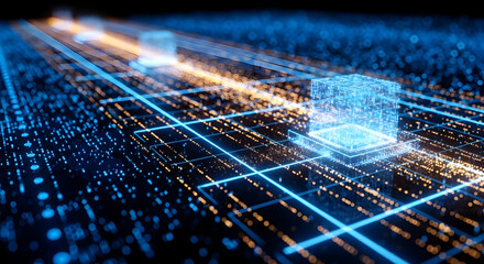 Explore advanced technology with a glowing digital cube and circuit board design