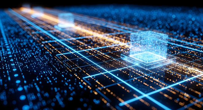 Explore advanced technology with a glowing digital cube and circuit board design