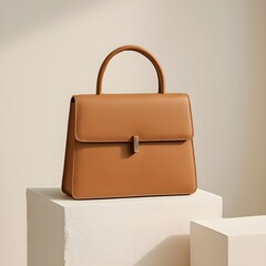 Minimalist luxury leather handbag on geometric stand with dramatic shadows