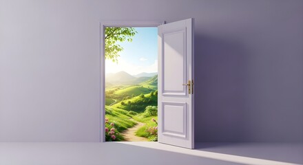 Open doorway leading to a bright green landscape