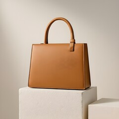 Stylish and professional cognac leather tote bag on modern white pedestals