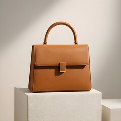 Luxurious camel leather handbag on a white studio block with elegant lighting